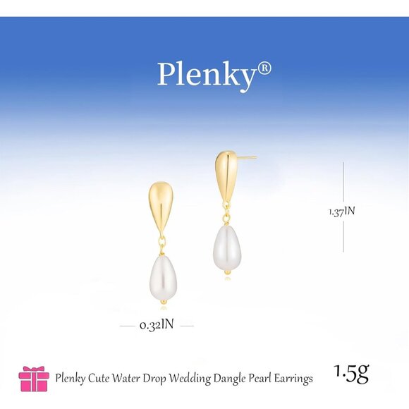 Dainty Pearl Drop Earrings for Women 14K Gold Plated CZ Wedding Stud Dangle Gift - Picture 5 of 6